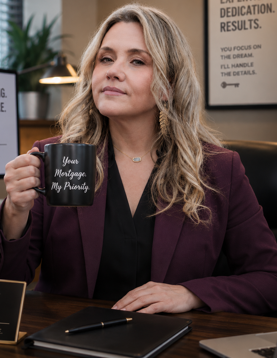 Shana Williams holding a mug that reads Your Mortgage. My Priority. at her desk